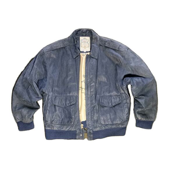Vintage Blue Leather Bomber Jacket Size Large Men's Made in Korea Paris Sport - Picture 2 of 10